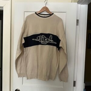 Doppeldecker 100% Cotton Airplane Fine-Knit Made in USA Ivory Black Sweater L
